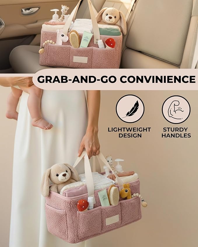 Baby Diaper Caddy Organizer with Portable Changing Mat - Teddy Fleece Diaper Organizer for Changing Table - Basket for Changing Essentials - Baby Essentials Organizer with Removable Dividers