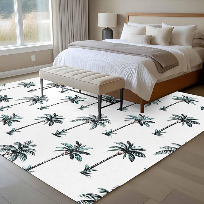 Area Rug 9x12ft, Tropical Palm Trees Washable Rugs for Living Room Bedroom Rectangle Floor Carpet, Green and White Soft Non-Slip Area Rugs for Dining Room