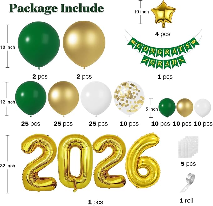 Graduation Decorations Class of 2026: Green and Gold Graduation Balloon Arch Garland Kit and Gold Confetti Balloons Congrats Grad Banner 2026 Foil Balloon Decorations For Grad Party