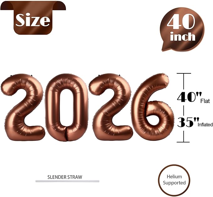 2026 Balloon Numbers - 40 Inch Coffee Brown New Years Eve Party Supplies 2026, Nye Decor Party Decorations Happy New Year, New Years Eve Foil Party Balloons, Graduation Party Decorations