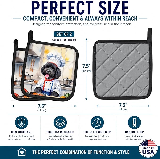 Caroline's Treasures Portuguese Water Dog The Chef Pair of Pot Holders Kitchen Heat Resistant Pot Holders Sets Oven Hot Pads for Cooking Baking BBQ, 7 1/2 x 7 1/2