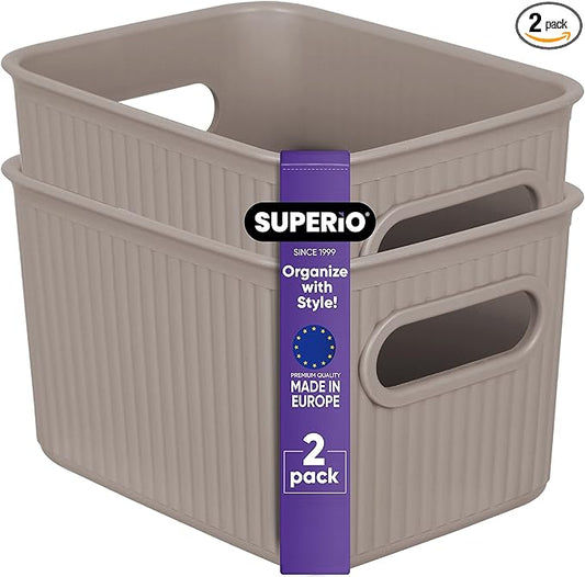 Superio Ribbed Collection - Decorative Plastic Basket Open Home Storage Bins Organizer, Small Taupe (2 Pack) Container Boxes for Organizing Closet Storage Bins for Shelves Drawer Shelf 1.5 Liter