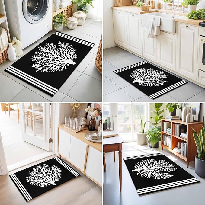 Area Rug 2x3ft, Coastal Coral Reef Texture Washable Rugs for Living Room Bedroom, Ocean Theme Black White Soft Non-Slip Area Rugs Rectangle Floor Carpet for Dining Room