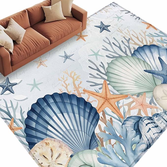 Area Rug 6x9ft, Underwater Shells Starfish on Blue Washable Rugs for Living Room Bedroom, Colorful Coral Soft Non-Slip Area Rugs Rectangle Floor Carpet for Dining Room