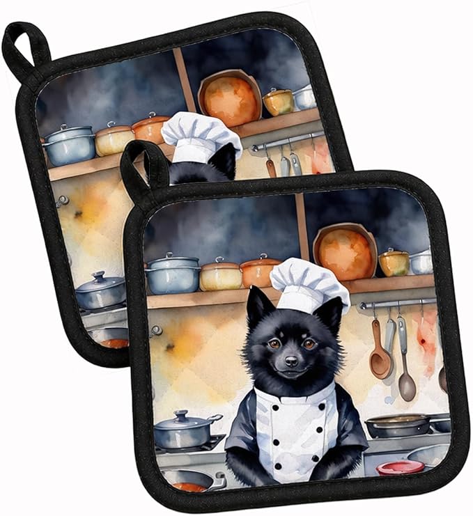 Caroline's Treasures Schipperke The Chef Pair of Pot Holders Kitchen Heat Resistant Pot Holders Sets Oven Hot Pads for Cooking Baking BBQ, 7 1/2 x 7 1/2