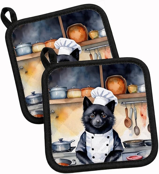 Caroline's Treasures Schipperke The Chef Pair of Pot Holders Kitchen Heat Resistant Pot Holders Sets Oven Hot Pads for Cooking Baking BBQ, 7 1/2 x 7 1/2
