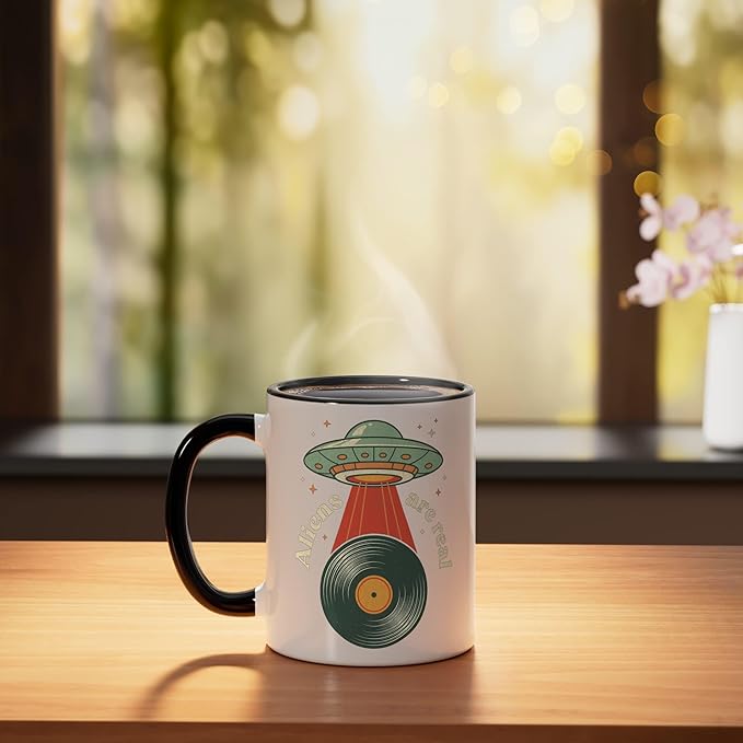 Vintage UFO Abduction Vinyl Record Player Retro Music Lover Ceramic Mug, Black/White