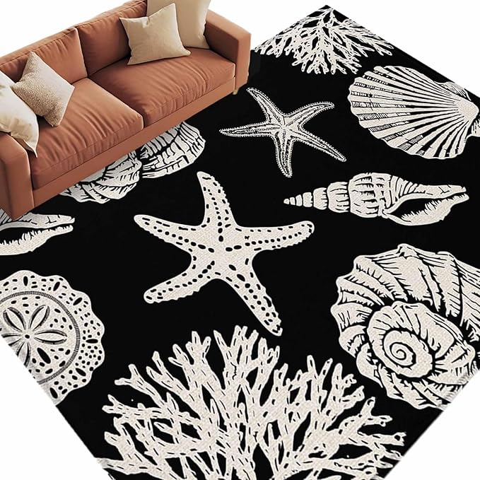 Area Rug 6x9ft, Marine Starfish Shell Conch Washable Rugs for Living Room Bedroom, Ocean Life on Black Soft Non-Slip Area Rugs Rectangle Floor Carpet for Dining Room