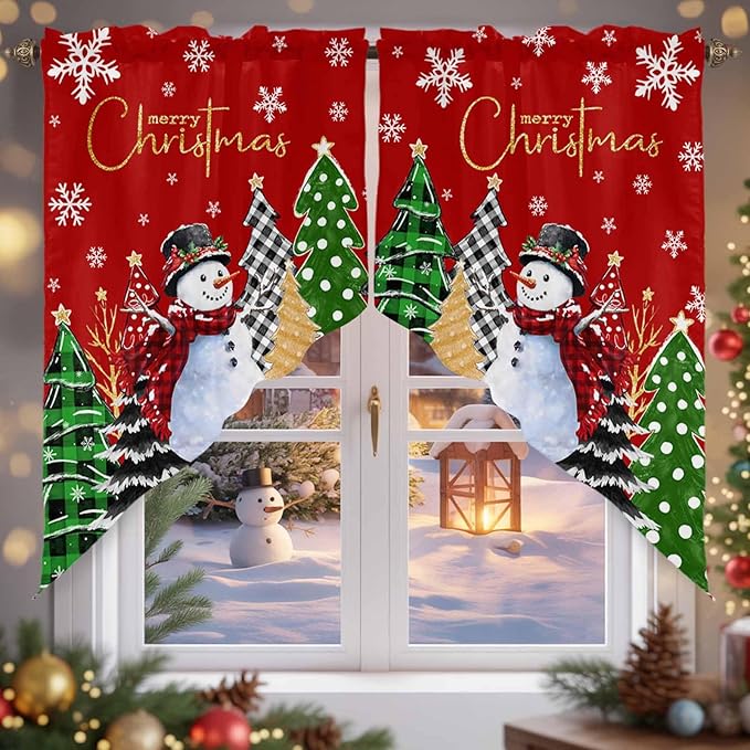 Merry Christmas Swag Valance Curains Snowflake Green Xmas Tree Snowman Red Rod Pocket Kitchen Curtains Scalloped Window Treatment Valances Swag for Living Room Bedroom, 1 Pair, 36"W x 45"L