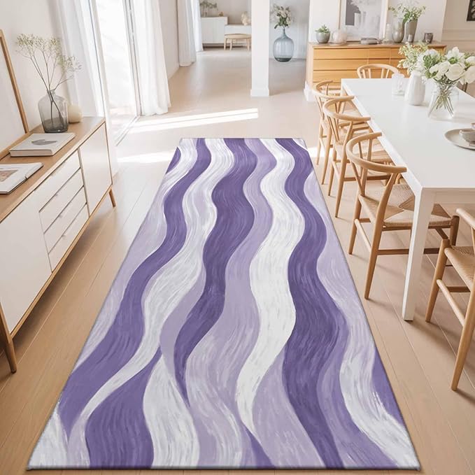 Runner Rug for Bedroom Hallway, Abstract Lavender Purple White Water Ripples Kitchen Runner Rugs Area Rug 2x6ft, Modern Art Washable Soft Floor Carpet for Entryway Stair