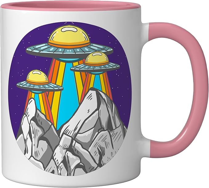 UFO Mountains Retro Spaceship Alien ET Space Galaxy Gift Ceramic Mug, Pink/White