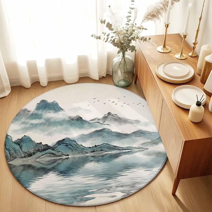 Washable Round Area Rug Chinese Zen Landscape Ombre Circle Rugs Floor Carpet for Living Room Bedroom, Abstract Mountain Lake Soft Non Slip Round Rug 3ft