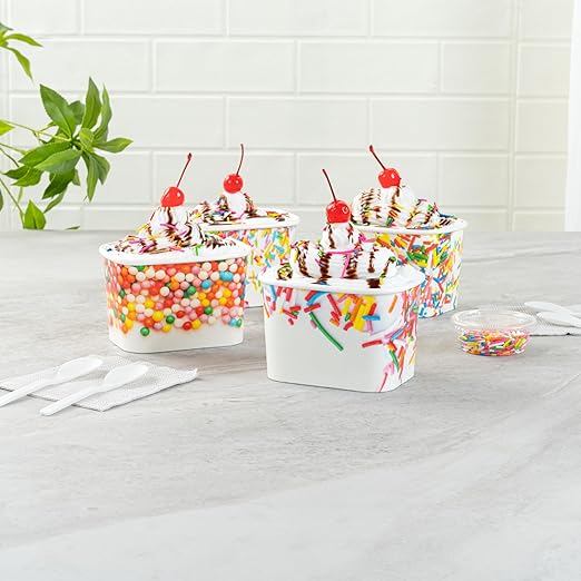 Restaurantware Paper Cups 200 Count 12 Ounce Square Disposable Ice Cream Containers, Leak-Resistant Paper Dessert To Go Cups, Hot And Cold Food, Durable Assorted Sprinkles Design