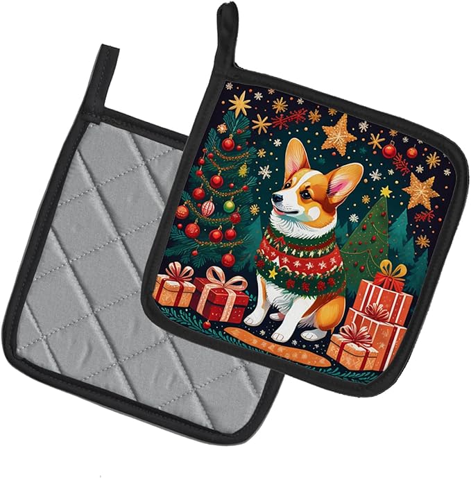 Caroline's Treasures Corgi Christmas Pair of Pot Holders Kitchen Heat Resistant Pot Holders Sets Oven Hot Pads for Cooking Baking BBQ, 7 1/2 x 7 1/2