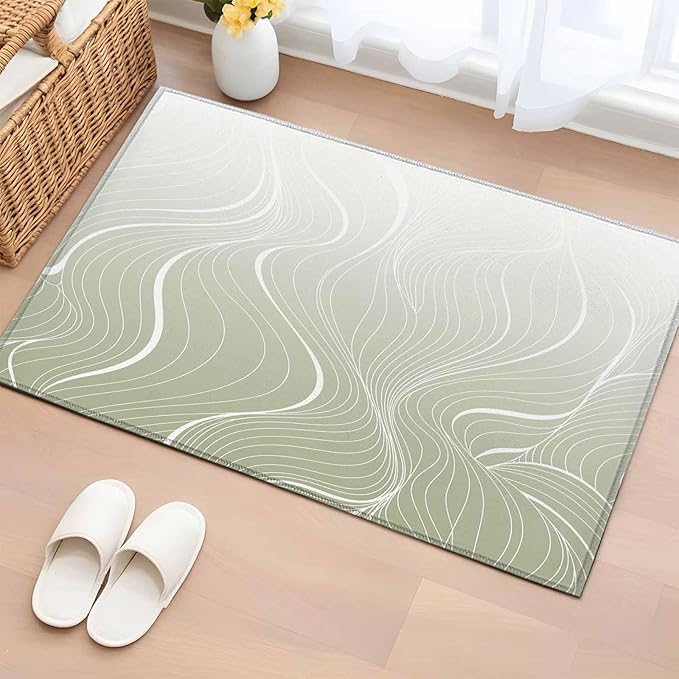 Area Rug 2x3ft, Sage Green Wavy Gradient Stripes Washable Rugs for Living Room Bedroom, Geometric Abstract Art Soft Non-Slip Area Rugs Rectangle Floor Carpet for Dining Room