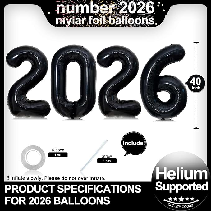 Black 2026 Balloons, Gaint 40 Inch Black 2026 Number Balloons,40 Inch 2026 Balloons for New Year Eve Party Supplies 2026, New Years Decorations 2026, Christmas, Graduations Decorations