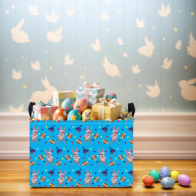 Kid Large Empty Easter Basket Gift Personalized Fabric Bunny Easter Basket for Boy and Girl Room Decor Storage Bin (Rabbit Rugby Blue)