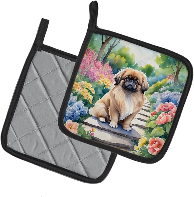 Caroline's Treasures Pekingese Spring Path Pair of Pot Holders Kitchen Heat Resistant Pot Holders Sets Oven Hot Pads for Cooking Baking BBQ, 7 1/2 x 7 1/2