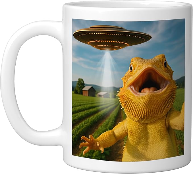 Funny Bearded Dragon Selfie with Alien UFO Ceramic Mug, White