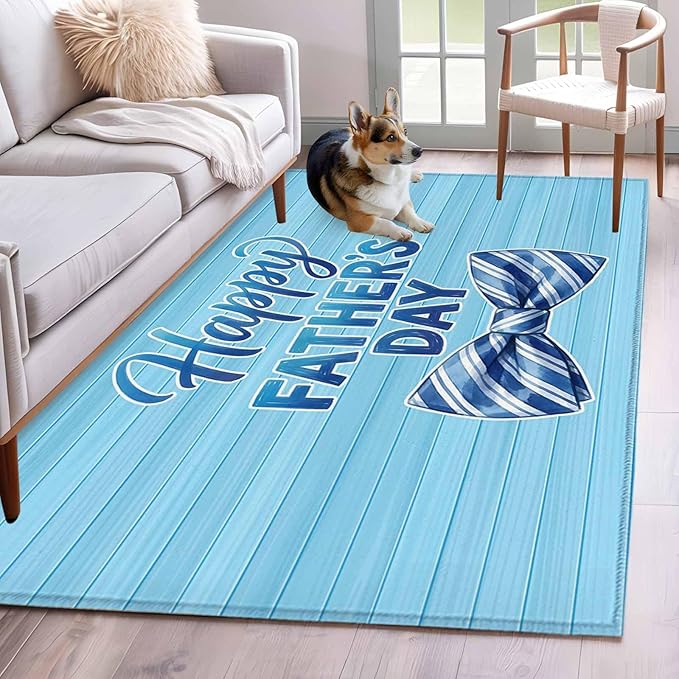 Area Rug 4x6ft, Father's Day Vintage Plank Washable Rugs for Living Room Bedroom, Cartoon Blue Stripes Bow Soft Non-Slip Area Rugs Rectangle Floor Carpet for Dining Room