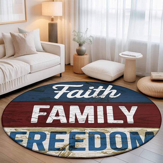 Washable Round Area Rug Independence Day USA Flag Circle Rugs Floor Carpet for Living Room Bedroom, Vintage Wooden Grain Soft Non Slip Round Rug 5ft