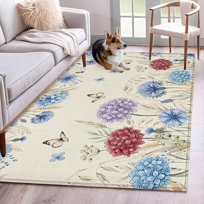 Area Rug 4x6ft, Spring Watercolor Garden Flower Washable Rugs for Living Room Bedroom, Hydrangea Floral on Burlap Soft Non-Slip Area Rugs Rectangle Floor Carpet for Dining Room