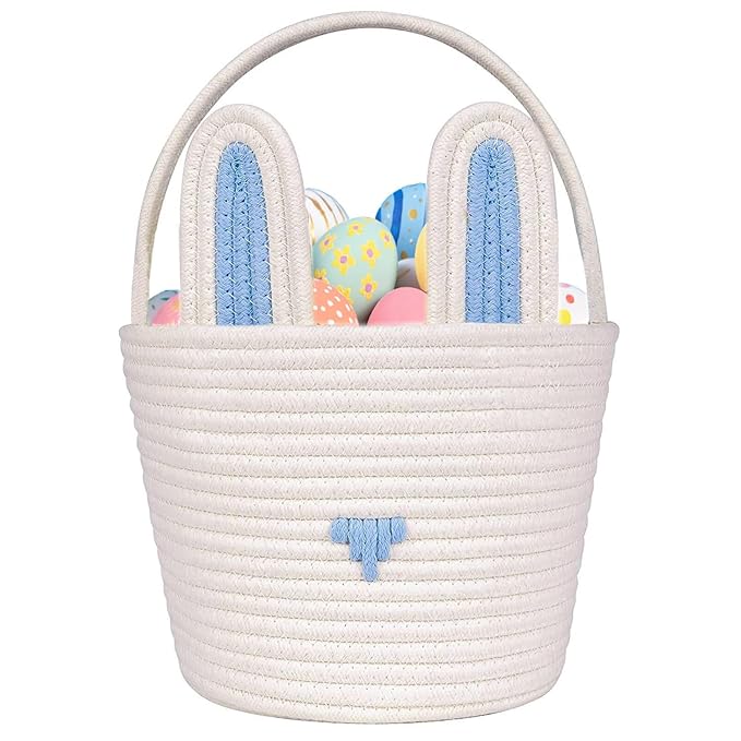 Poschnor Large Easter Basket with Gift Bags and Ribbons, Easter Bunny Basket for Kids, Woven Cotton Rope Basket for gifting, Blue/White