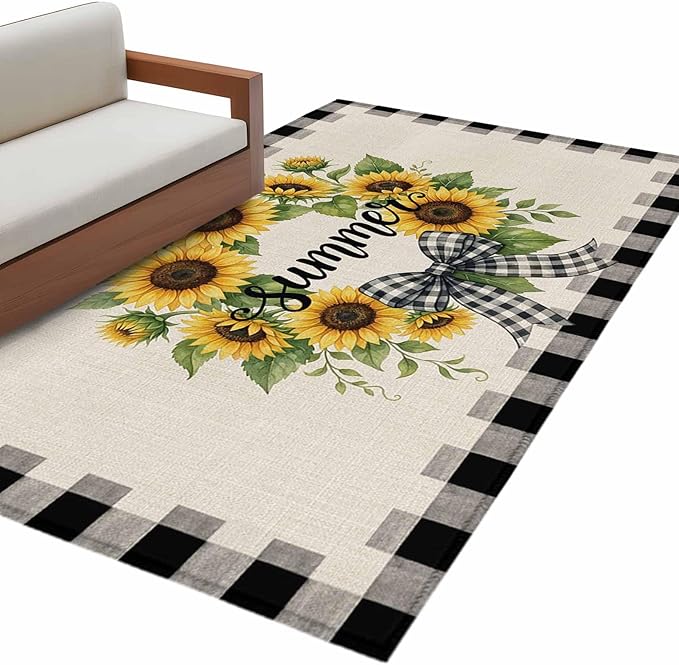 Area Rug 3x5ft, Summer Words Farm Sunflowers Washable Rugs for Living Room Bedroom, Butterflies Country Floral Soft Non-Slip Area Rugs Rectangle Floor Carpet for Dining Room