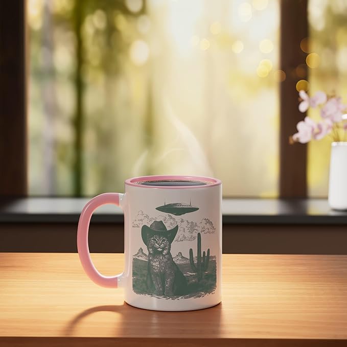 Feline in Hat UFO Sighting Arid Wilderness Cat Design Ceramic Mug, Pink/White