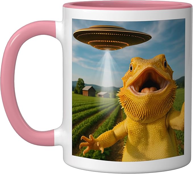 Funny Bearded Dragon Selfie with Alien UFO Ceramic Mug, Pink/White