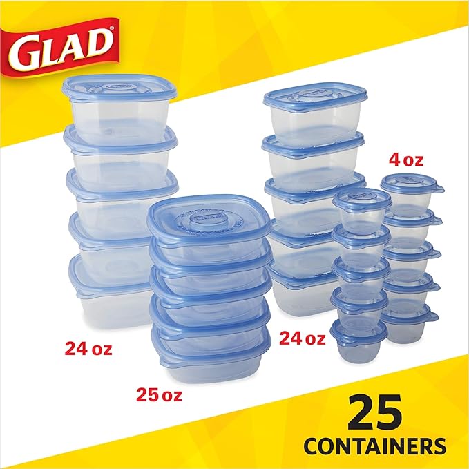 Glad GladWare Lunch Variety Pack Food Storage Containers with Lids, No BPA Reusable Plastic Multiple Sizes for Lunches, Leftovers, and Snacks, Lock Tight Seal, Microwave and Dishwasher Safe, 25 Ct