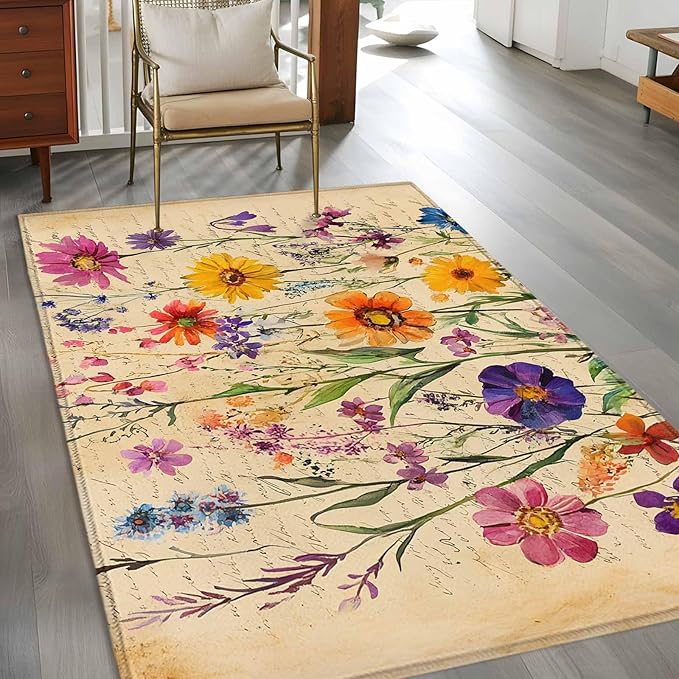 Area Rug 3x5ft, Farmhouse Colorful Small Flower Washable Rugs for Living Room Bedroom, Retro Backdrop Seamless Soft Non-Slip Area Rugs Rectangle Floor Carpet for Dining Room