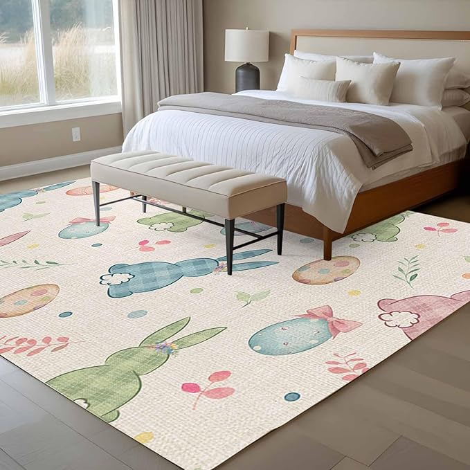 Area Rug 6x9ft, Happy Easter Cute Plaid Bunny Washable Rugs for Living Room Bedroom, Colorful Egg Leaves Farm Linen Soft Non-Slip Area Rugs Rectangle Floor Carpet for Dining Room