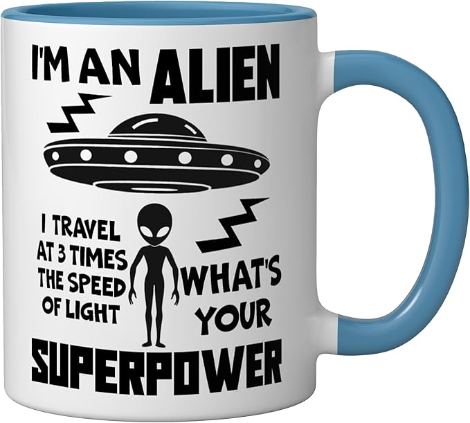 I'm An Alien Silhouette First Contact Space Apparel Ceramic Mug, Blue/White