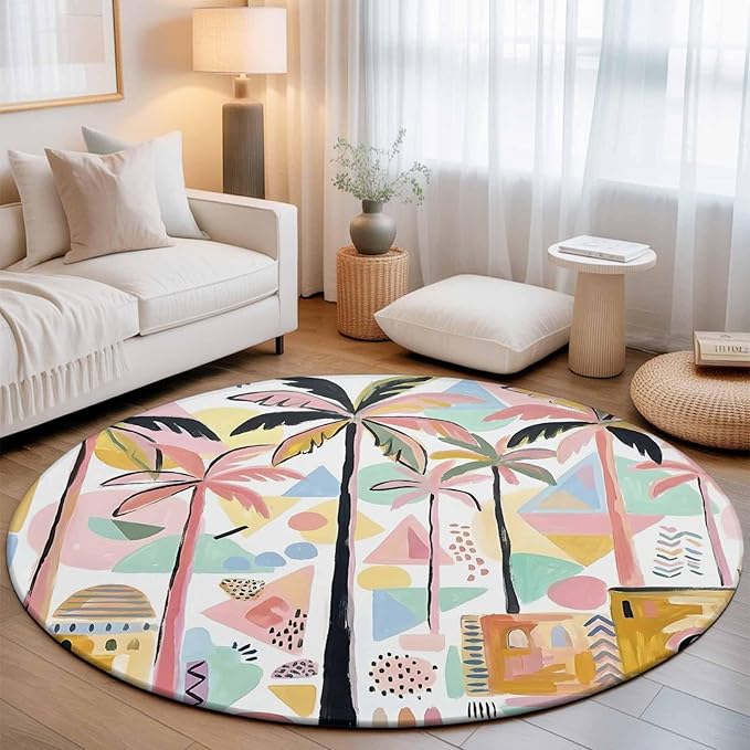 Washable Round Area Rug Boho Summer Artistic Palm Trees Circle Rugs Floor Carpet for Living Room Bedroom, Abstract Buildings Soft Non Slip Round Rug 3ft