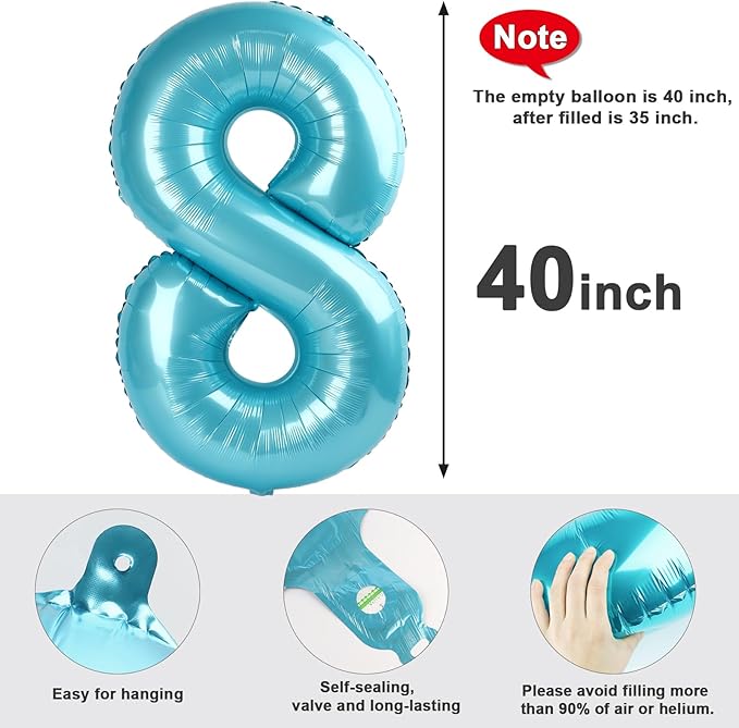 40 Inch Number 8 Balloon, Pastel Blue 8 18 28 80 Birthday Balloons for Men Boys, 8th Birthday Decorations Party Supplies, Wedding, Graduations