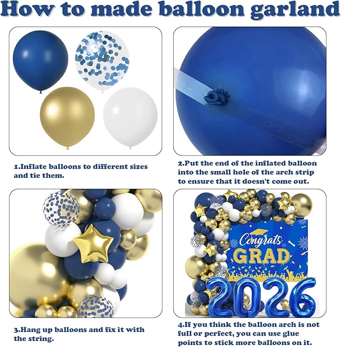 Graduation Decorations Class of 2026: Blue and Gold Graduation Balloons Arch Kit 2026 Grad Party Decorartion with Congrats Grad Backdrop Party Supplies for High School & College Celebrations