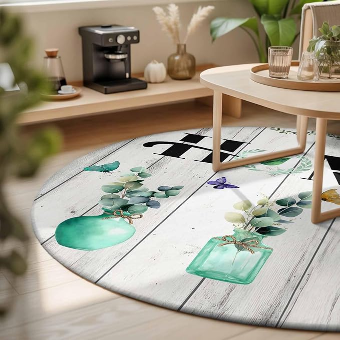 Washable Round Area Rug Summer Eucalyptus Leaf Colorful Butterfly Circle Rugs Floor Carpet for Living Room Bedroom, Home Text Wood Plank Soft Non Slip Round Rug 3ft