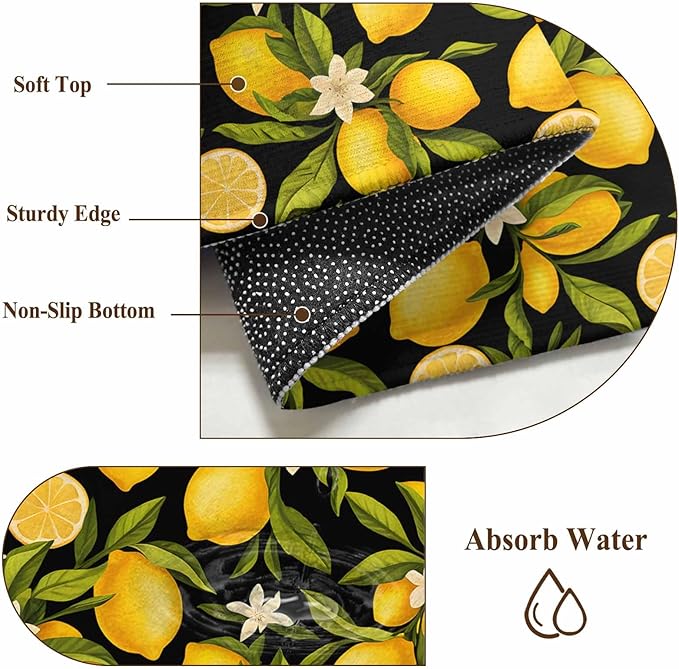 Area Rug 3x5ft, Summer Lemon Flower Washable Rugs for Living Room Bedroom, Plant on Black Soft Non-Slip Area Rugs Rectangle Floor Carpet for Dining Room