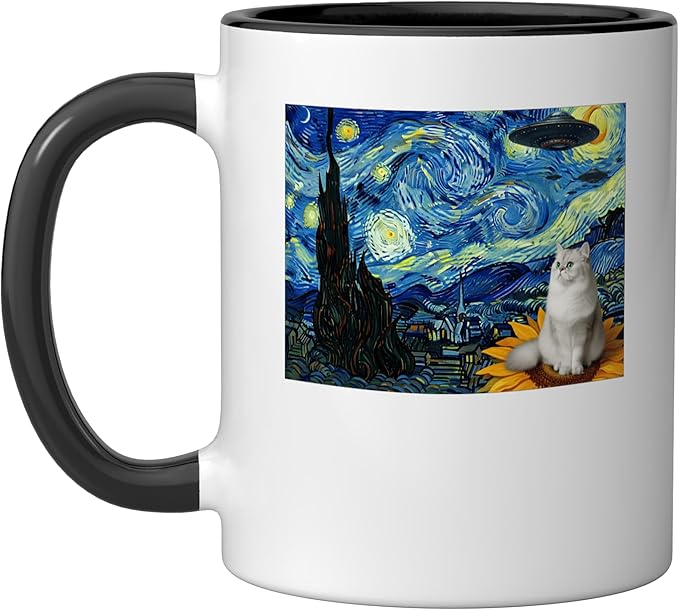 Cosmic Cat on Sunflower Space UFO Night for Men Women Ceramic Mug, Black/White