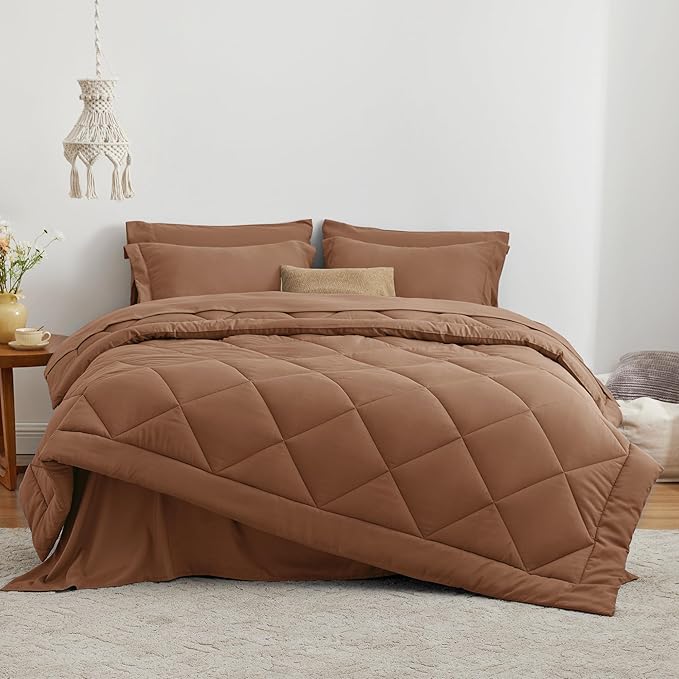 Love's cabin Full Comforter Set Mocha Mousse, 7 Pieces Full Bed in a Bag, All Season Bedding Sets with 1 Comforter, 1 Flat Sheet, 1 Fitted Sheet, 2 Pillowcase and 2 Pillow Sham | Soft, Breathable, Lightweight, Comfortable