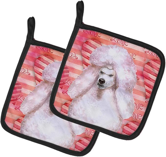 Caroline's Treasures BB9804PTHD White Standard Poodle Love Pair of Pot Holders, Red Kitchen Heat Resistant Pot Holders Sets Oven Hot Pads for Cooking Baking BBQ, 7 1/2 x 7 1/2