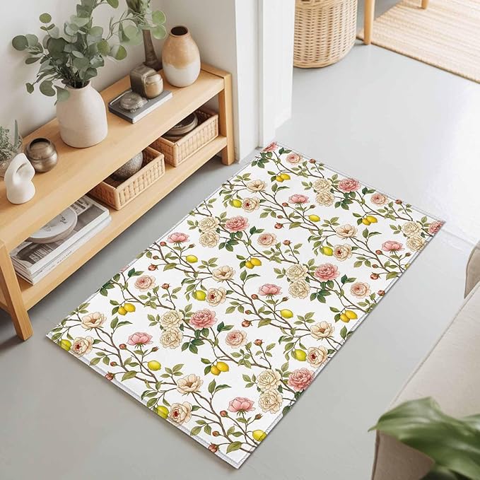 Area Rug 2x3ft, Country Blossom Flower Plant Washable Rugs for Living Room Bedroom, Summer Lemon Leaf Seamless Soft Non-Slip Area Rugs Rectangle Floor Carpet for Dining Room