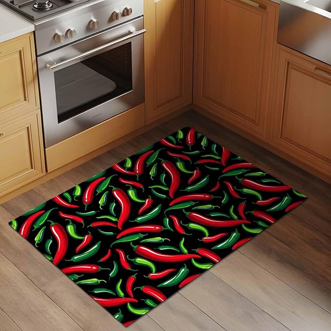 Area Rug 2x3ft, Spicy Chili Pepper Pattern Washable Rugs for Living Room Bedroom, Red Green Peppers on Black Soft Non-Slip Area Rugs Rectangle Floor Carpet for Dining Room
