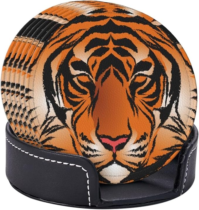 Bengal Tiger Leather Drinks Coasters with Holder, Set of 6, Suitable for Various Cups