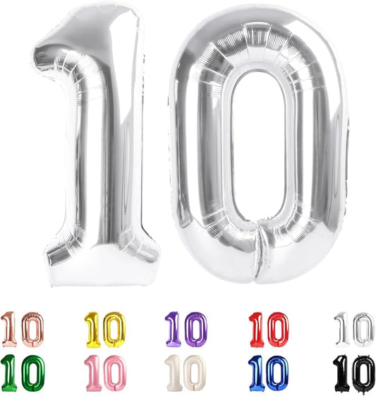 10 Balloons Number, 10th Birthday Decorations for Girl Boys, Silver Birthdays Balloons 40 In for Engagement, Wedding, Celebration Party, Graduations, Photo Shoot