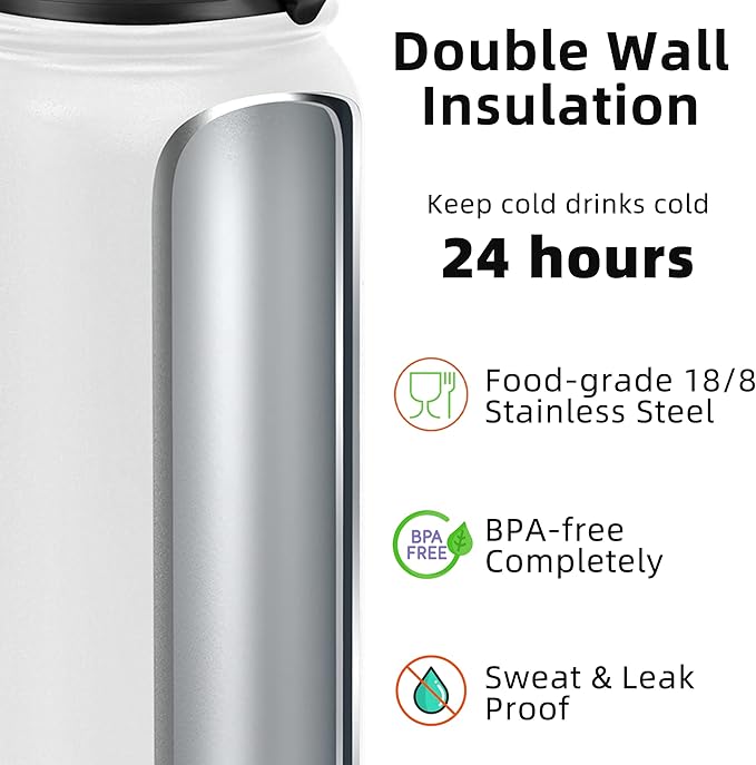 Fanhaw 40 oz Insulated Stainless Steel Water Bottle with Straw Lid, Leakproof Extra-Large Sports Bottle for Men & Women (White)