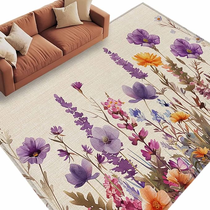 Area Rug 6x9ft, Country Flower Purple Lavender Plant Washable Rugs for Living Room Bedroom, Retro Linen Soft Non-Slip Area Rugs Rectangle Floor Carpet for Dining Room