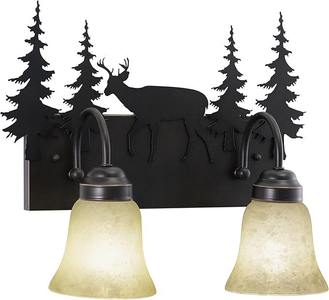 VAXCEL Bryce 2-Light 16.75 inch Wide Burnished Bronze Rustic Cabine Bathroom Vanity Lighting Fixture, Amber Flake Glass Shade, Deer and Trees, Dimmable, LED Compatible, Over the Mirror Wall Mounted