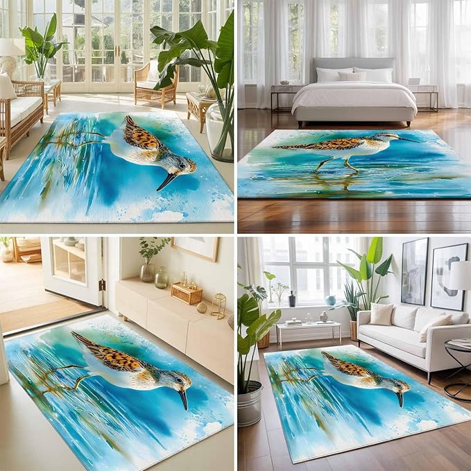 Area Rug 9x12ft, Natural Lake Bird Water Reflection Washable Rugs for Living Room Bedroom Rectangle Floor Carpet, Animal Splatter Art Soft Non-Slip Area Rugs for Dining Room